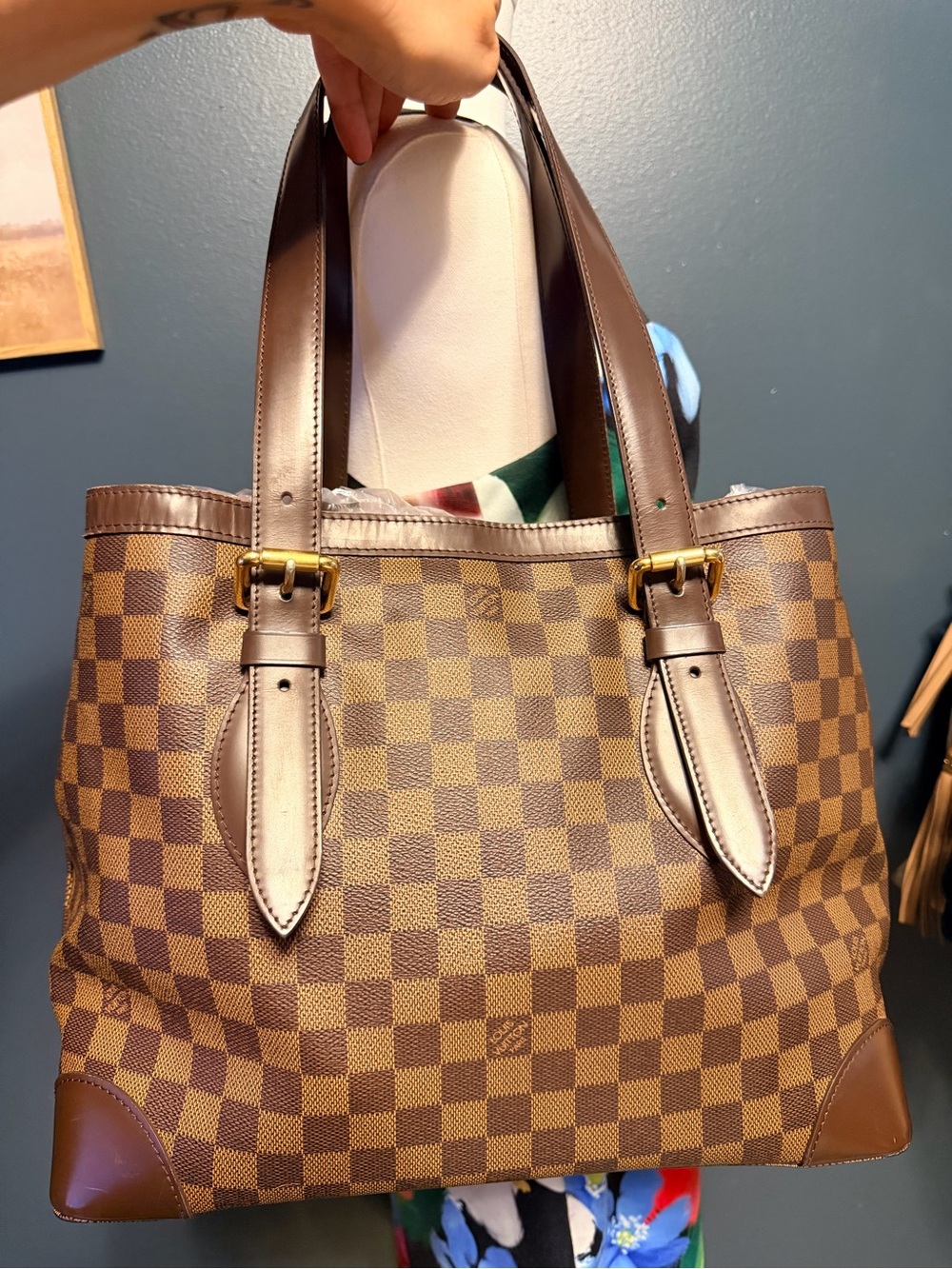 Vintage Louis Vuitton Brown Damier Ebene Hampstead MM Canvas Tote w/Gold Plaque - Picture 2 of 13